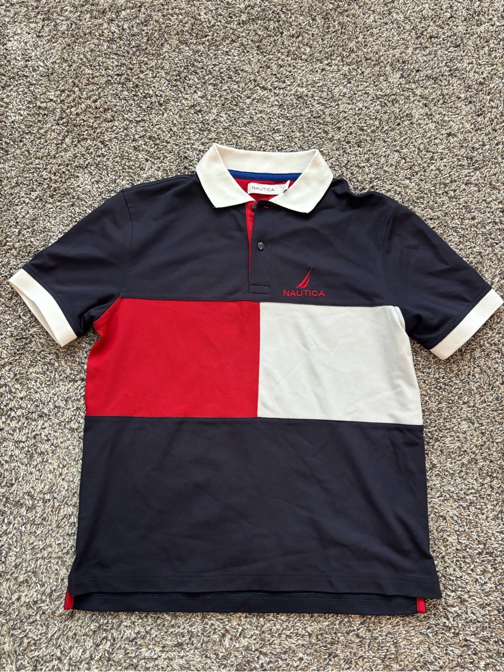 Nautica Men’s Block-Panel Polo in Navy, Red & White - Size XS